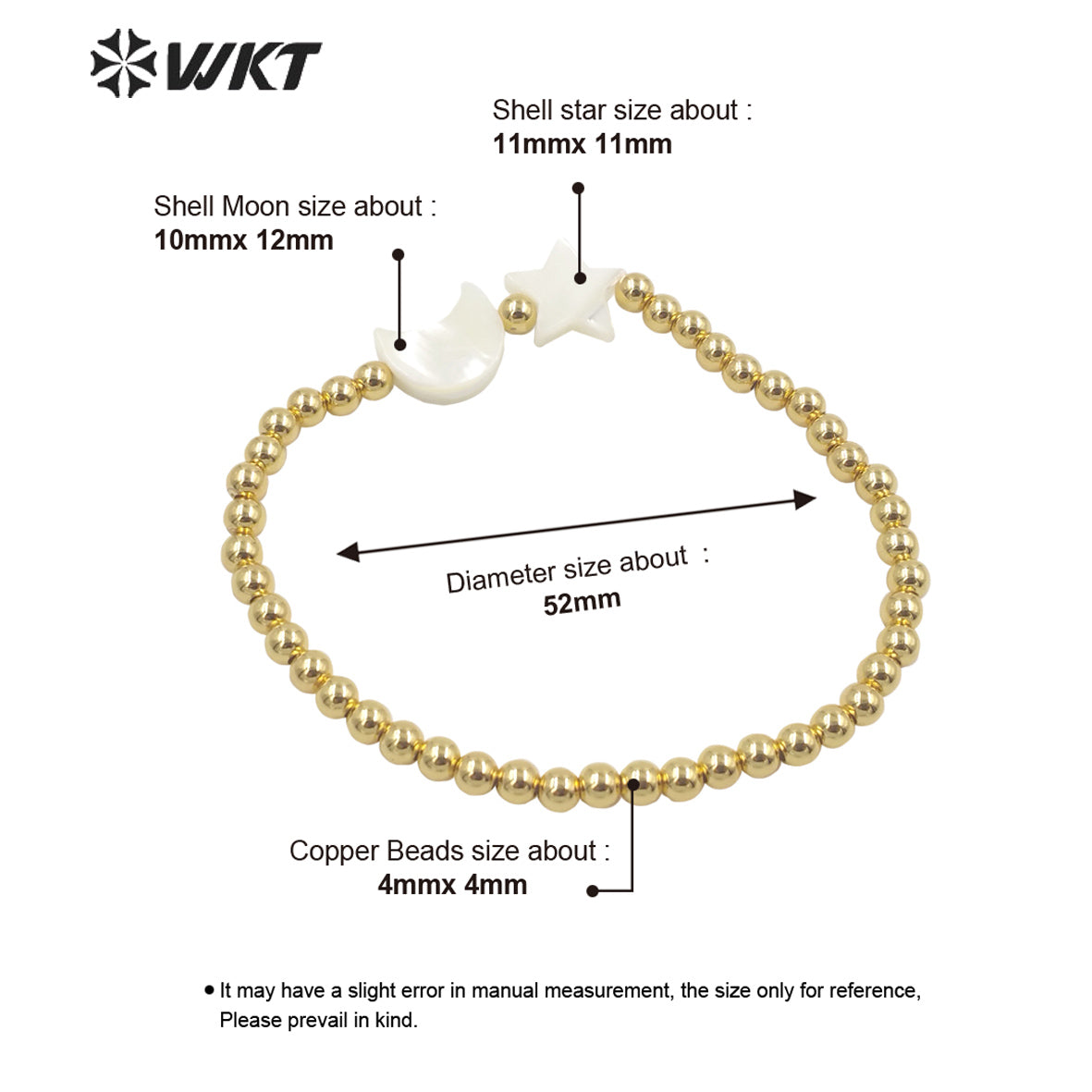 WT-MPB059 Leisure Style Gold 4mm Round Beads Moon Star Bracelet Fashion Lady Charming Shell Handmade Brass Flexible Bracelets