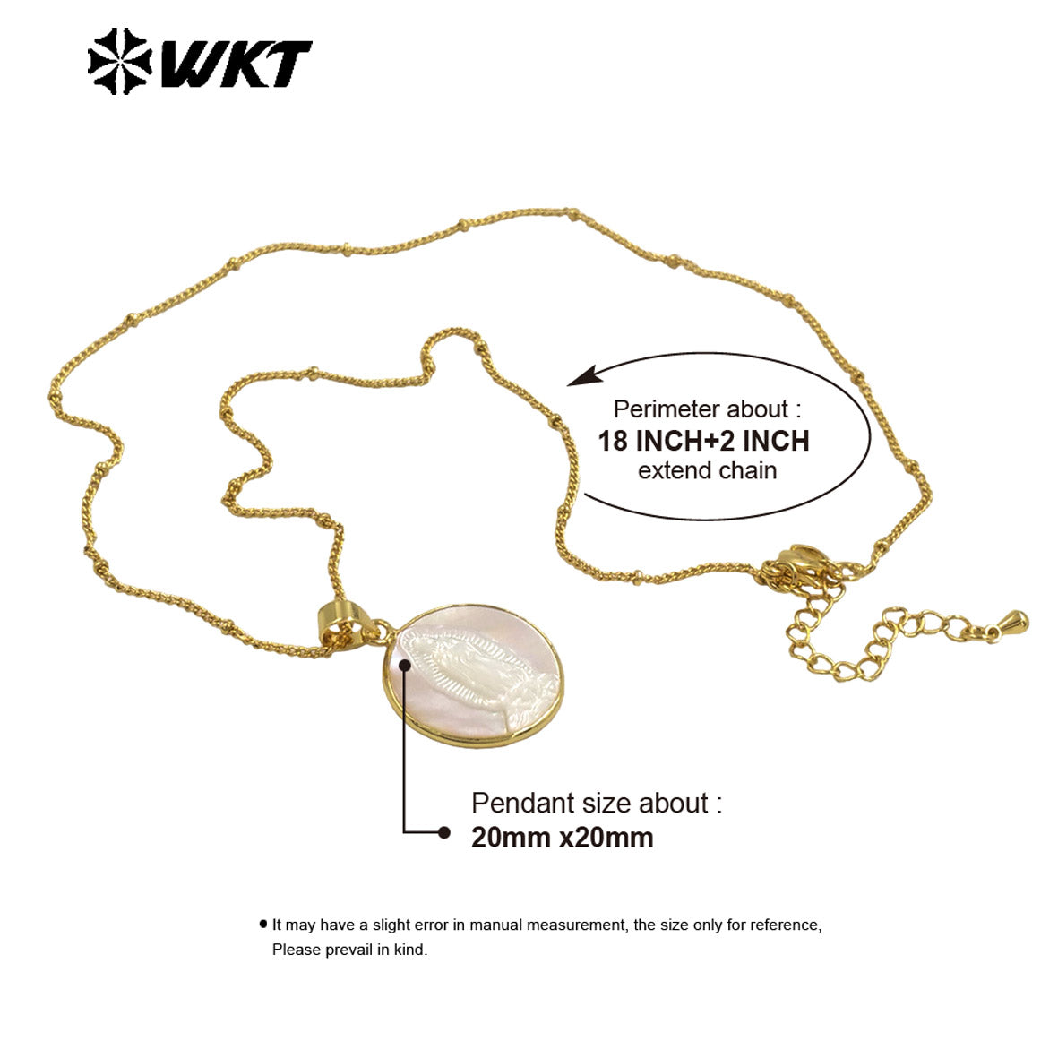 WT-JN032 New Hotsales White Shell Carved Mary of Guadalupe Pendant Necklace, Gold Bezel White Shell Jesus Mary Necklace