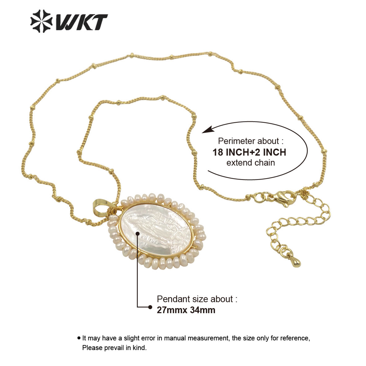 WT-JN158 Wholesale Unique Handmade Fashion Gold Bezel WIRE Wrapped Virgin Mary Pendant Necklace Freshwater Pearl Charm Necklace