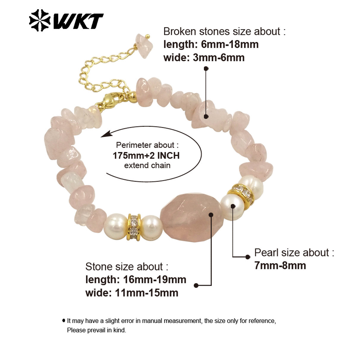 WT-B696 WKT New Arrival Worker Handmade by Natural Nugest Beads Stone Bracelet With Extend Chain Charms Lady Bracelet