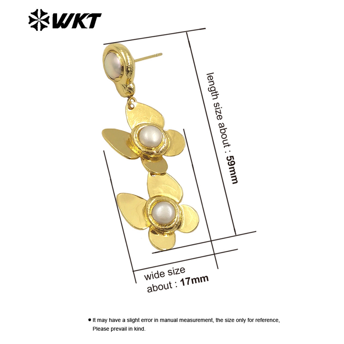 WT-MPE129 WKT Trendy European 18K Real Gold Plated Resist Tarnishable Elegant Summer Double Butterfly Pearl Earrings