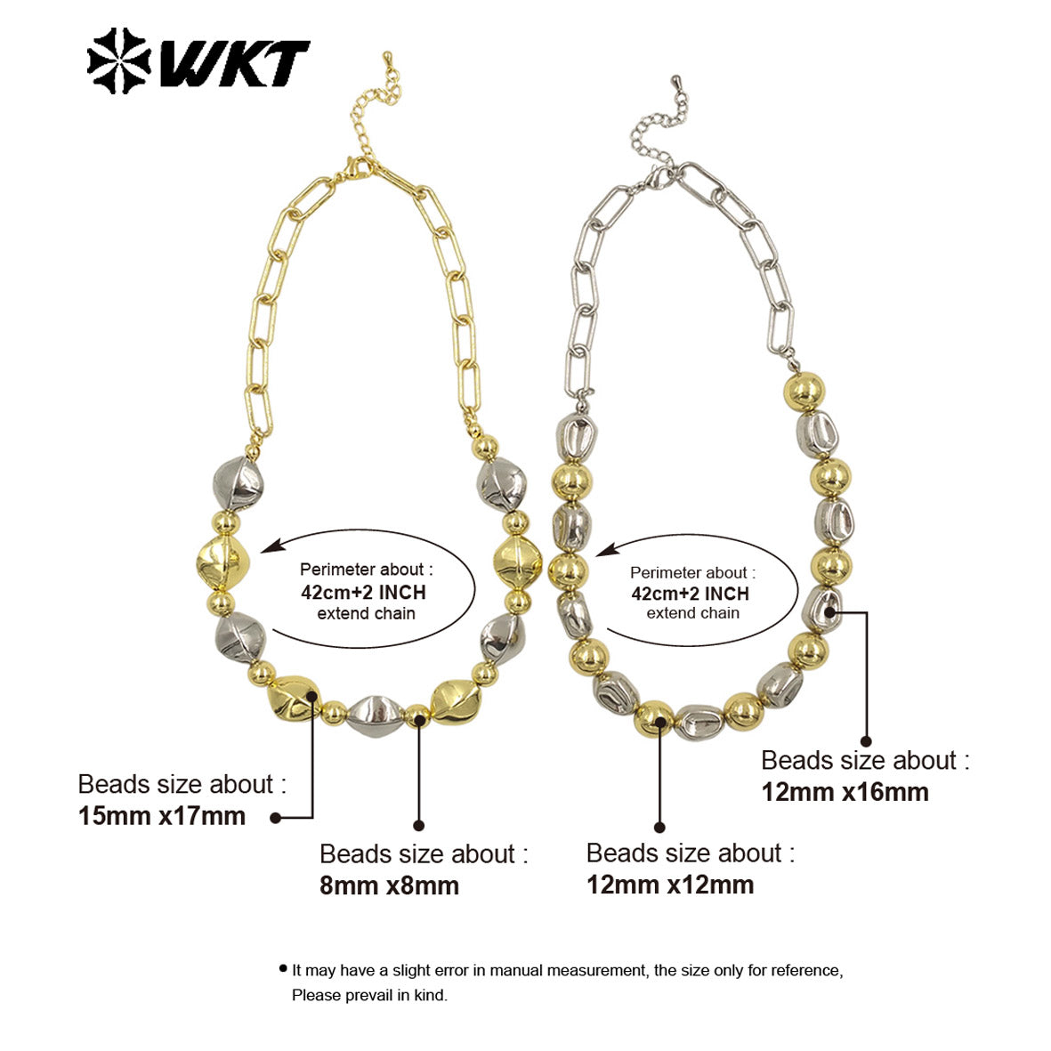 WT-JFN28 New Natural Brass 18K Gold Plated and Silver Irregular Diamond Shaped Flat Bead Necklace for Women As Daily Decoration