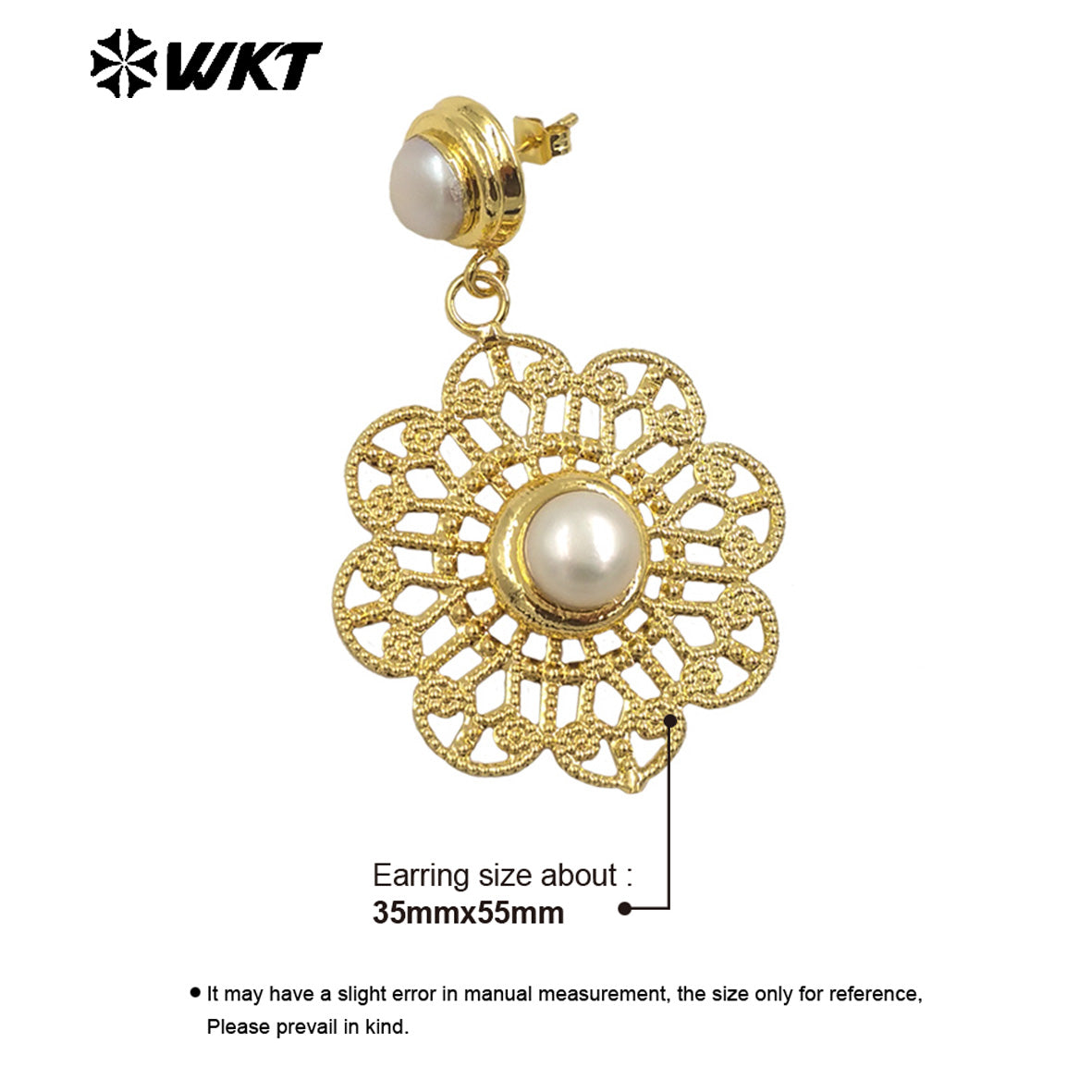 WT-E595 Wholesale Fashion Gold Plated Hollow Out Pearl Earring Women Charming Round Dangle Natural Pearl Earring