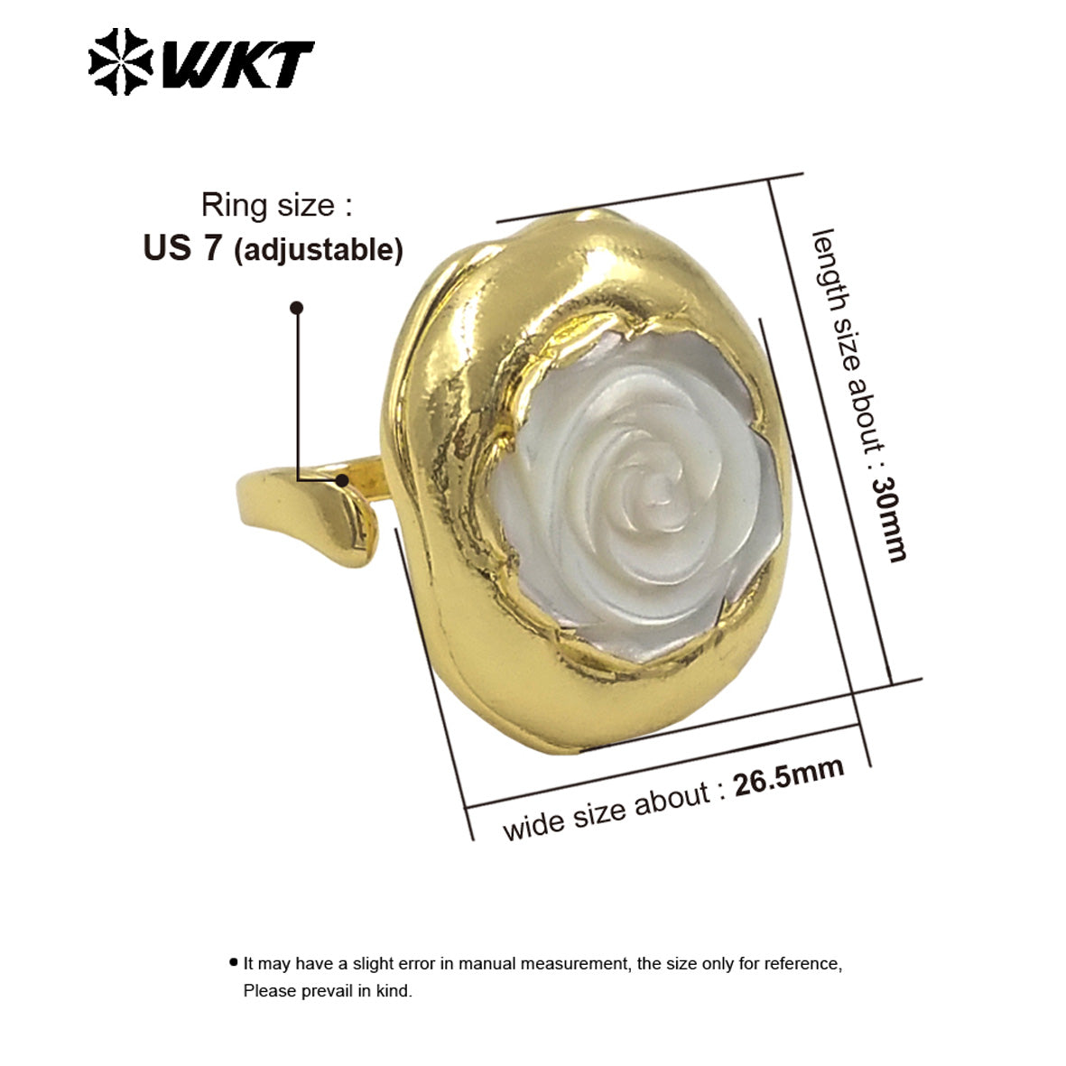 WT-MPR125 Newest Delicate Natural MOP Shell Ring Rose Flower Carved Shape Gold Plated Open Size Party Gift Female Jewelry