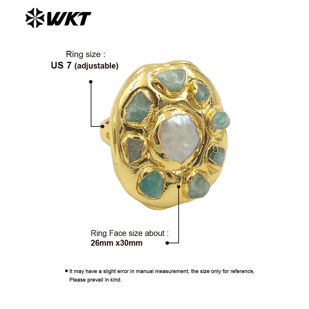 WT-MPR086 Wholesale Fashion 18K Gold Plated Handmade Amazonite Tiny Stone Decorative With Pearl Women Cocktail Ring