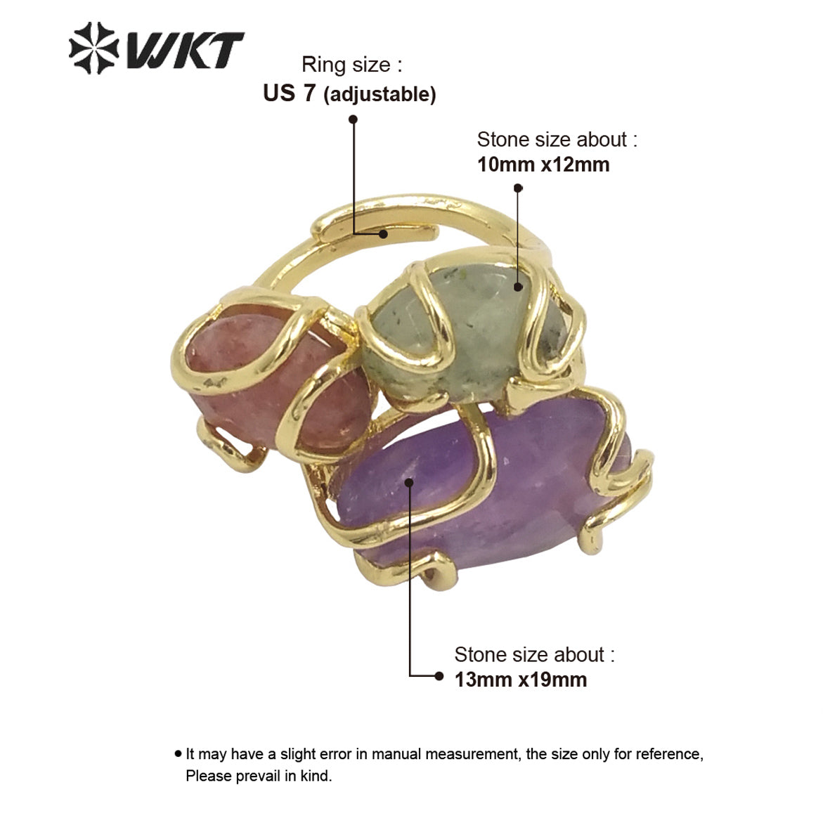 WT-R417 WKT NEW Design Gorgeous Triple Natural Gemstone Claw Setting Stone Ring Women Adjustable Precious Colorful Gold Ring