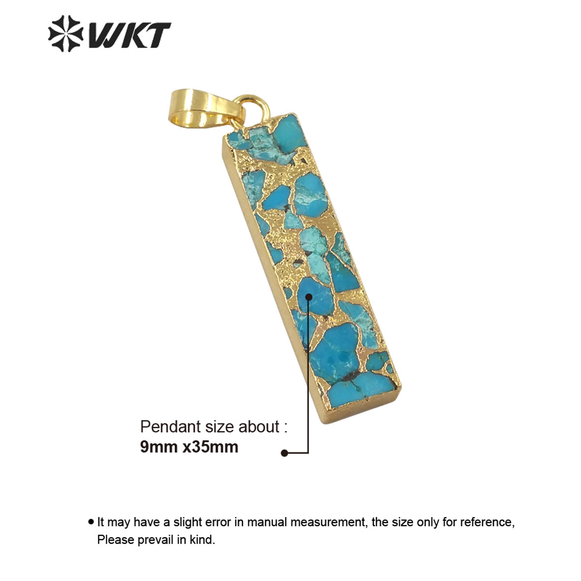 WT-P1697 Wholesale Natural New Copper Turquoise Long Bar Pendant Gold Electroplated Trim Rectangle Stone Pendant Jewelry