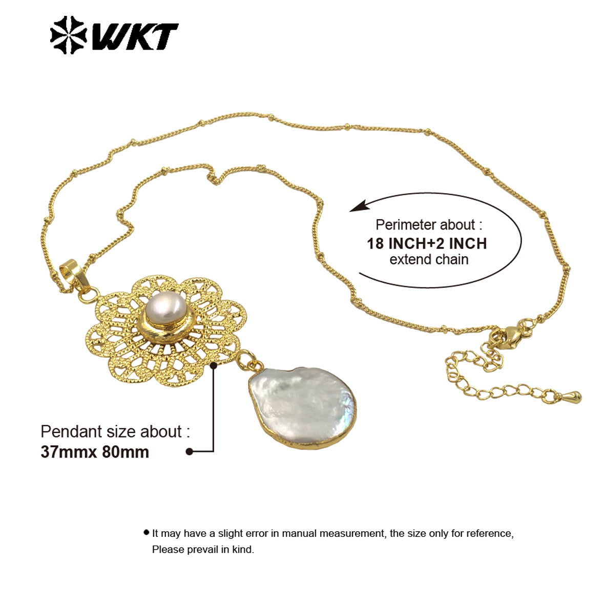 WT-JN269 Wholesale New Gorgeous 18K Real Gold Plated Natural Freshwater Pearl Pendant Necklace Anniversary Jewelry