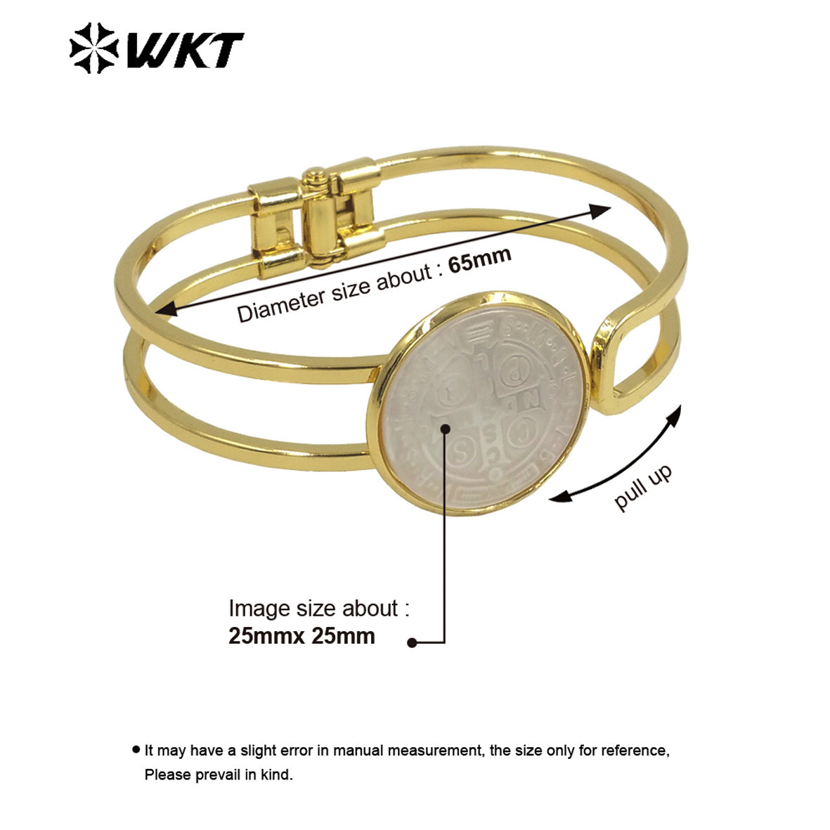 WT-MPB092 Religious Fashion Gold St Benedict Medal 18k Real Gold Resist Tarnishable Cross Natural Shell Cuff Bangle
