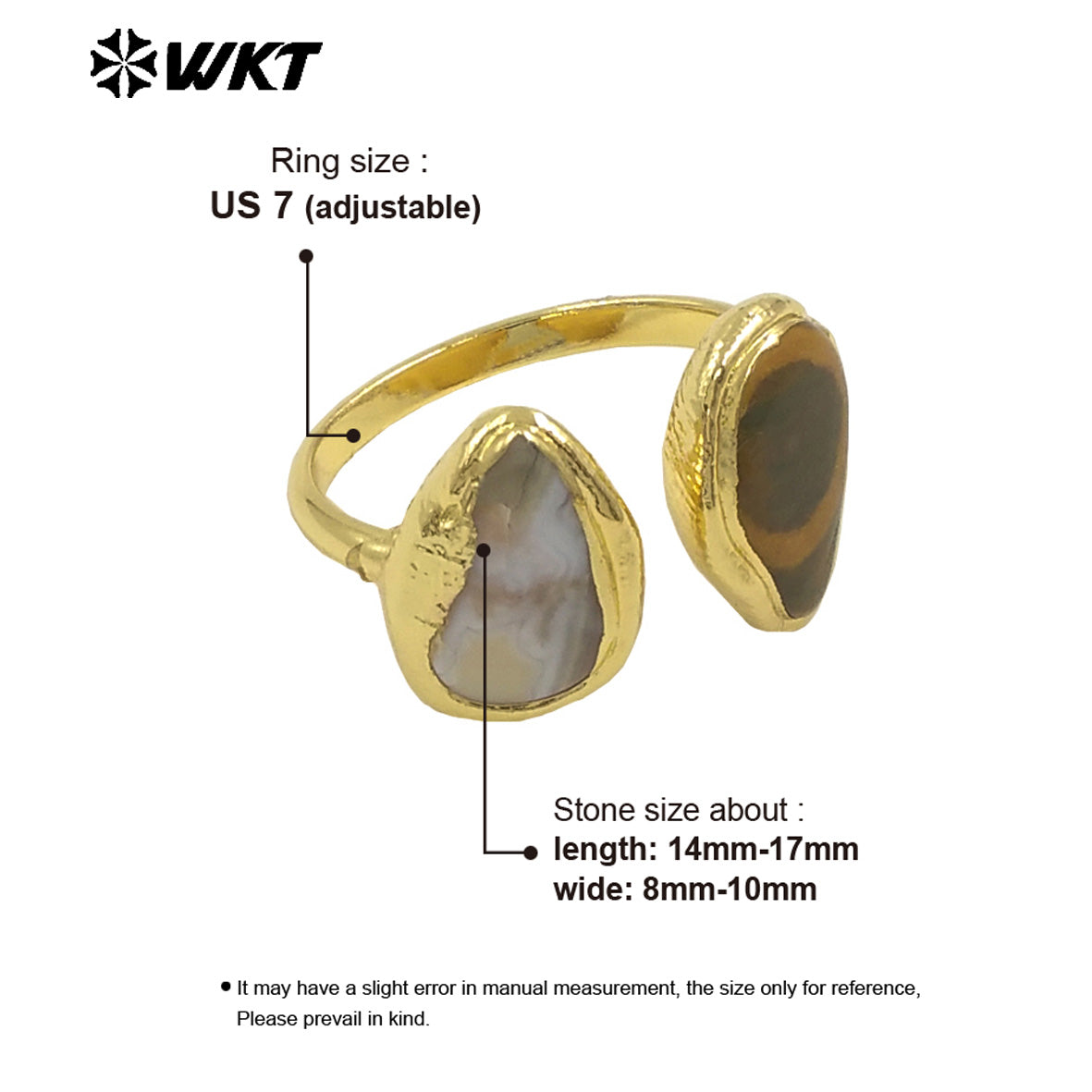 WT-R567 New Arrival 18K Gold Plated Teardrop Shape Stone Ocean Jasper Ring Adjustable Size Fine Party Jewelry Accessory