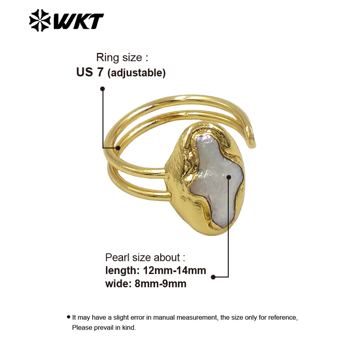 WT-MPR126 Hot Sales Natural Freshwater Pearl Ring With Gold Plated Open Size Cross Shape Elegant Style for Valentine's Day Gift