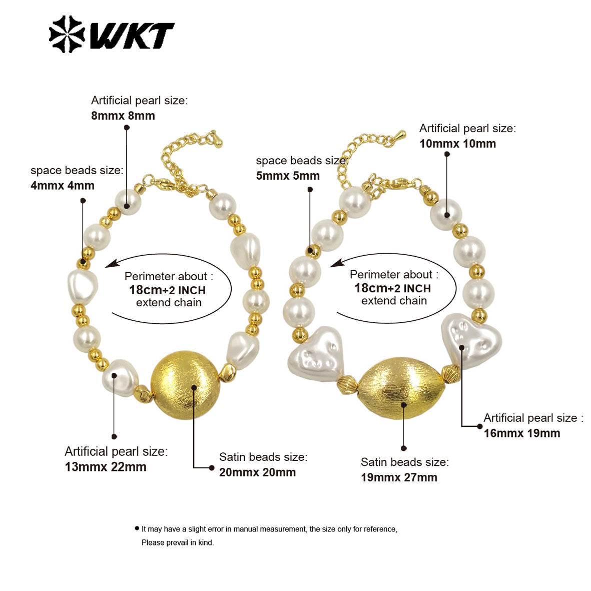 WT-MPB119 New Product Fashion Cute Gold and Silver Artificial Pearl Round and Heart Shaped Bracelets for Friends As Special Gift