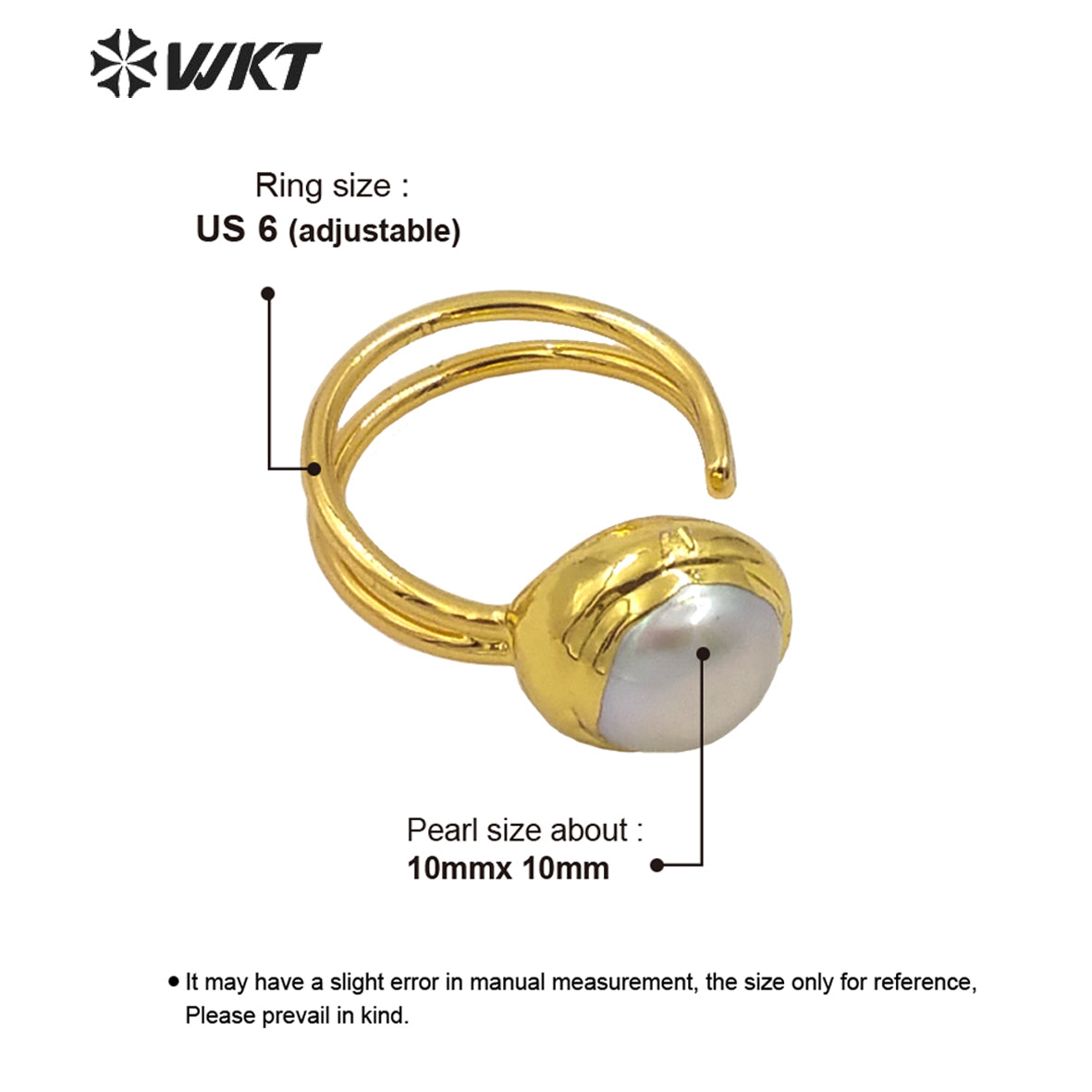 WT-MPR012 Newest Spring Design Gorgeous Fashion Gold Electroplated Adjustable Size Round Fashion Pearl Cocktail Ring for Wedding