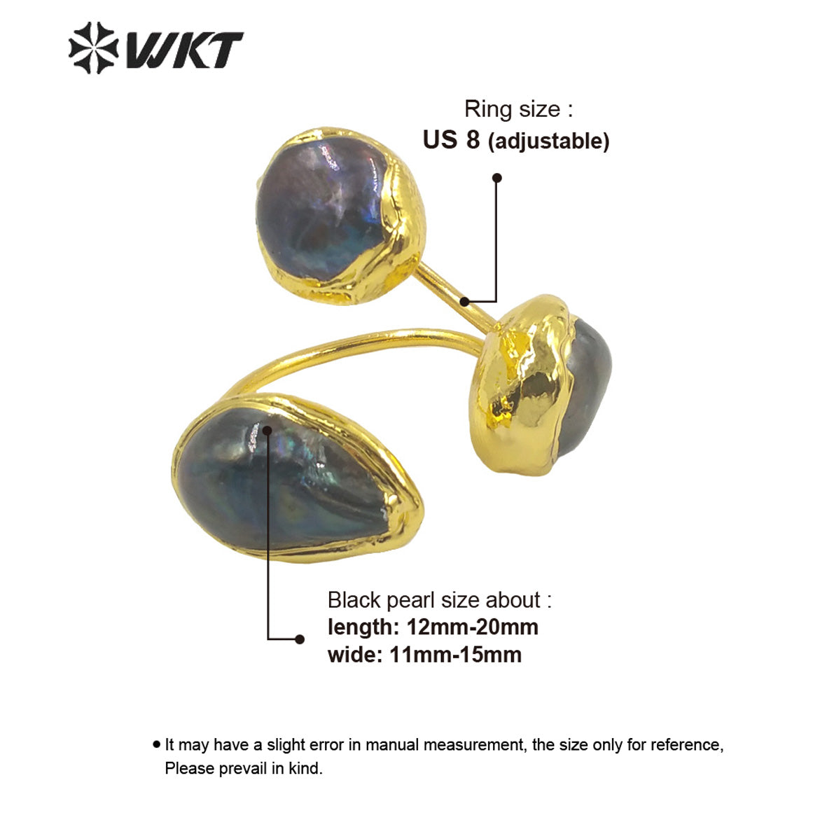 WT-MPR026 WKT 2022 Restoring Ancient Ways Natural Black Pearl Ring Style Natural MOP Ring Triple Ball Gold Plated Rings Women's