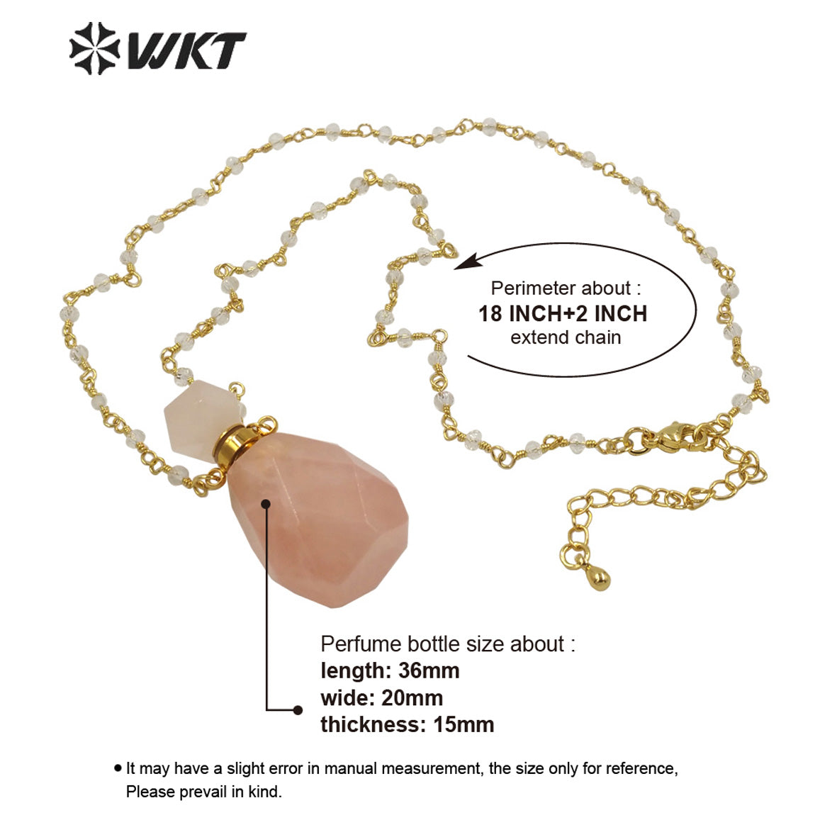 WT-N1269 Wholesale Lady Birthday Stone Perfume Bottle Necklace Gold Stainless Steel Metal Rose Quartz Stone Bottle Necklace