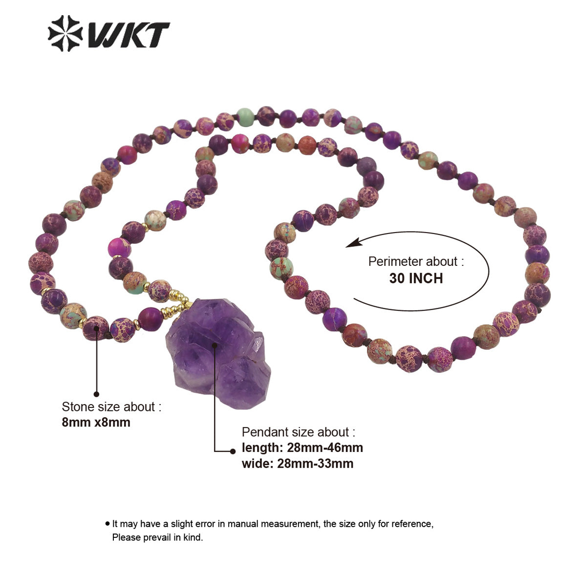 WT-N1376 Graceful Natural Irregular Pretty Amethyst Pendant Necklace Purple Bohemia Jasper Bead Chain Natural Crystal Necklace