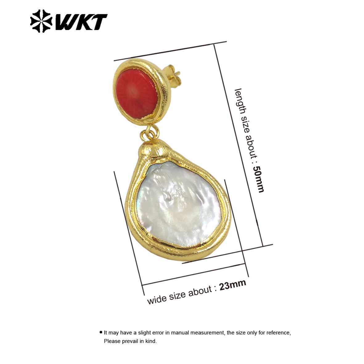 WT-MPE141 High Quality 18K Gold Plated Round Red Coral Water Drop Shaped Pearl Earring for Women As Daily Decorative Jewelry