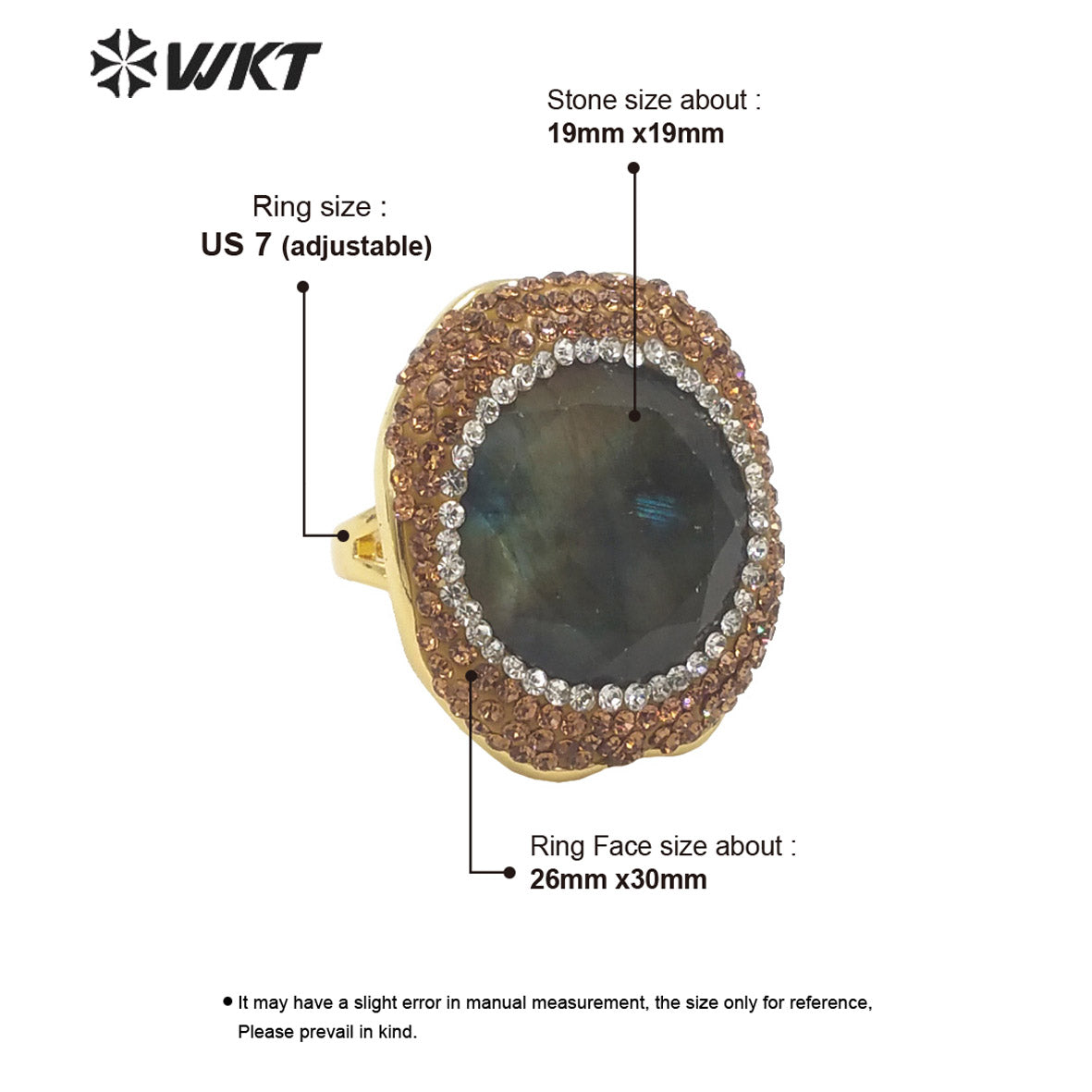 WT-R499 WKT New Design Flashy Round Faceted High Quality 18K Gold Bezel Rhinestone Around Labradorite Stone Ring