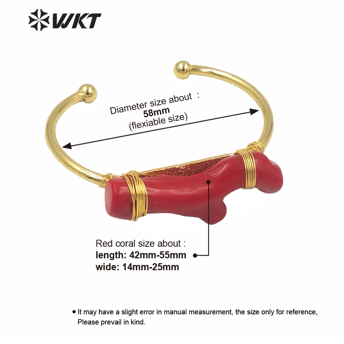 WT-B568 Newest Women Hand Make Wire Wrapped Red Coral Gold Bangle Women Open Size Adjustable Boho Red Coral Bangle