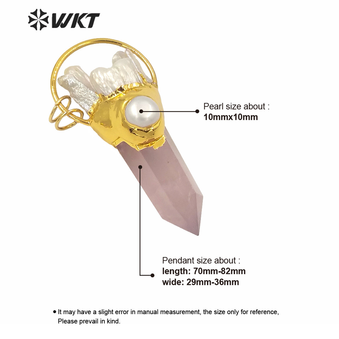 WT-P1587 WKT Amazing Big Natural Rose Quartz Spirit Point Pendant Women Fashion Pearl Charms PINK Quartz Pendant Jewelry