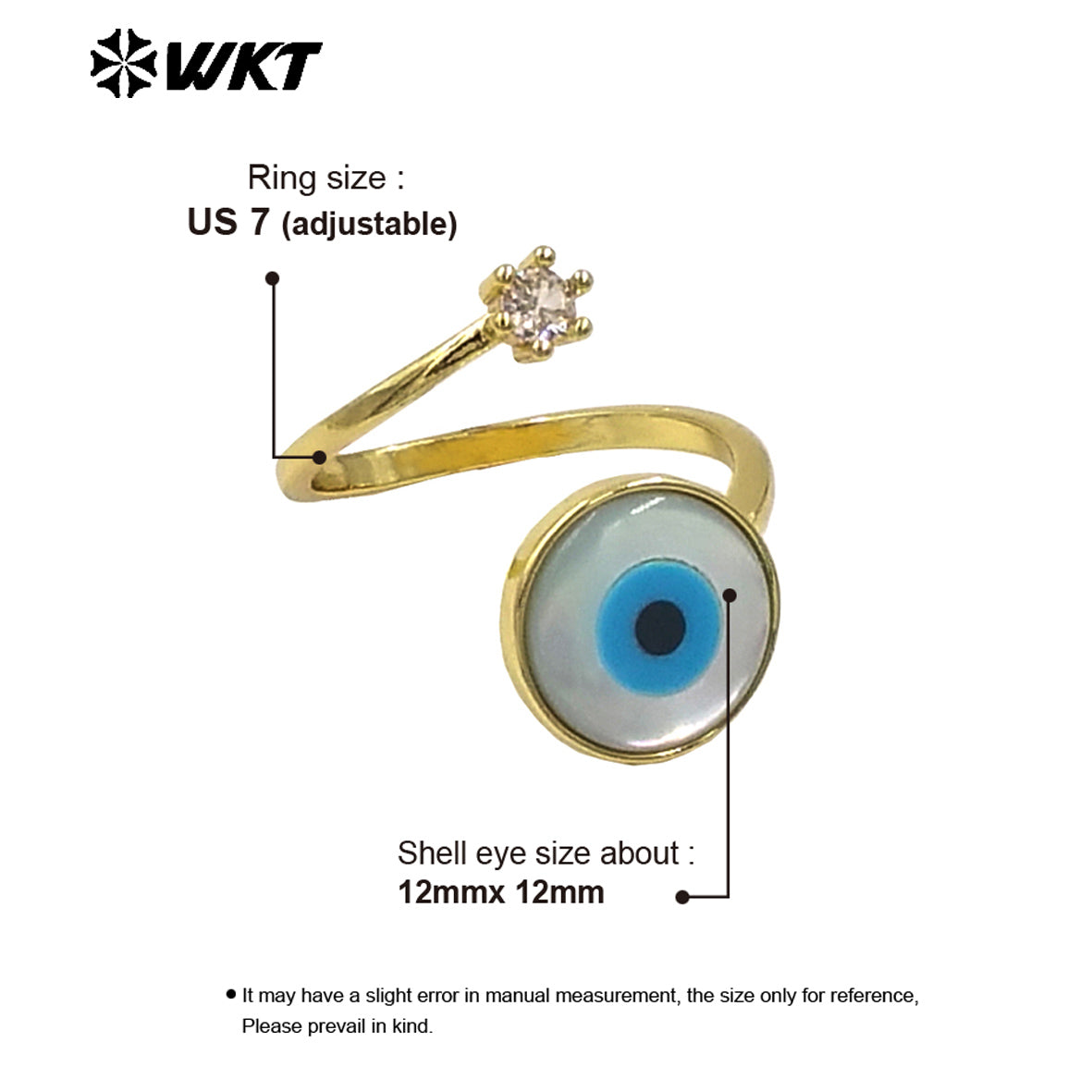 WT-MPR098 WKT New Design 18K Real Gold Plated Natural Round Shell Eye With Zircon Charms Fashion Lady Ring