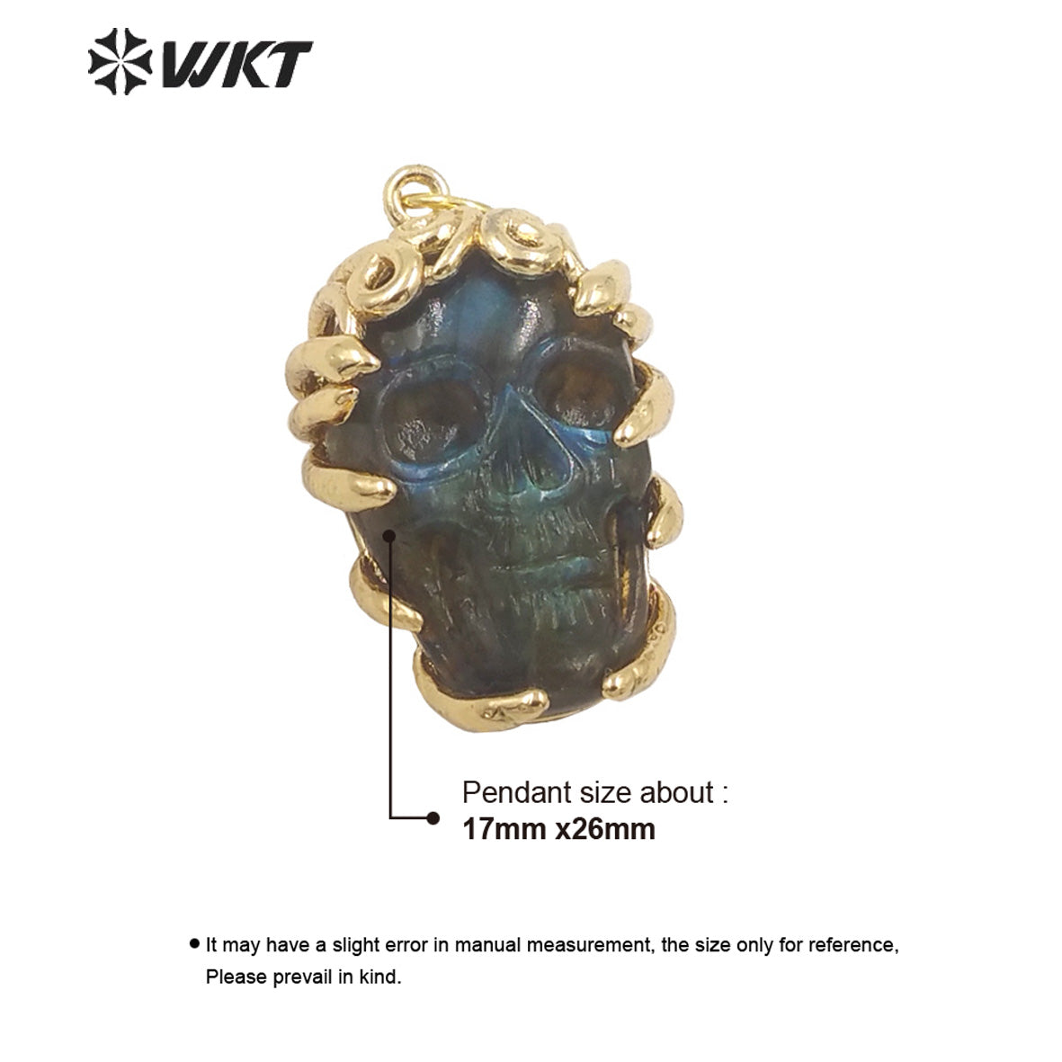 WT-P1957 Wholesale Fashion Gold Bezel Claw Setting Natural Hand Carving Holloween Gift Labradorite Skull Pendants