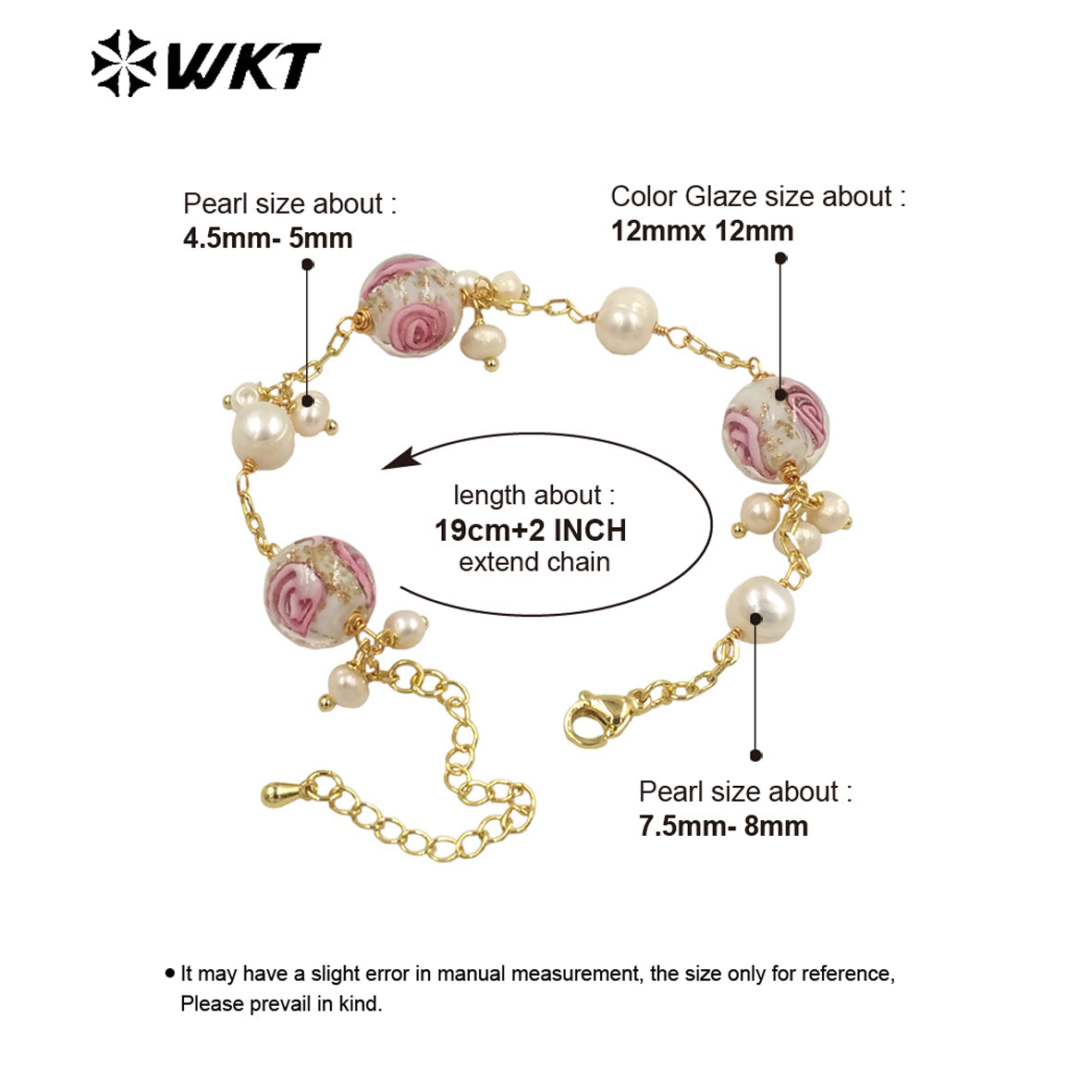 WT-MPB095 Fashionable Colour Glaze & Freshwater Pearl Trendy Rose Bead 18k Real Gold Adjustable Romantic Gift Woman Bracelet