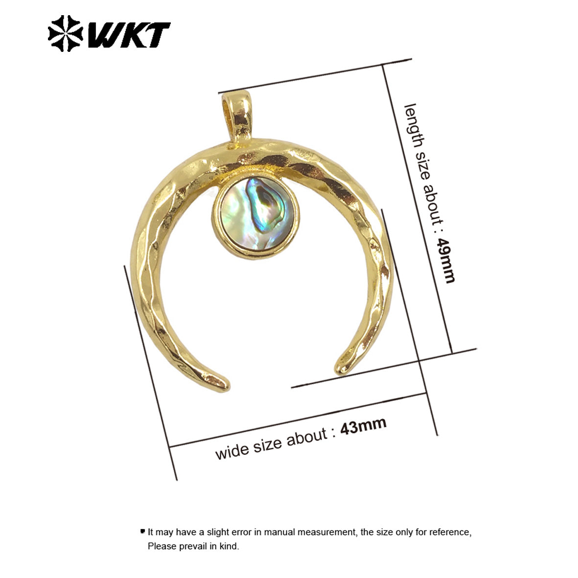 WT-JP372 Fashion Gold Plated Resist Tarnishable Big Abalone Shell Setting Crescent Horn Moon Pendants for Necklace Design