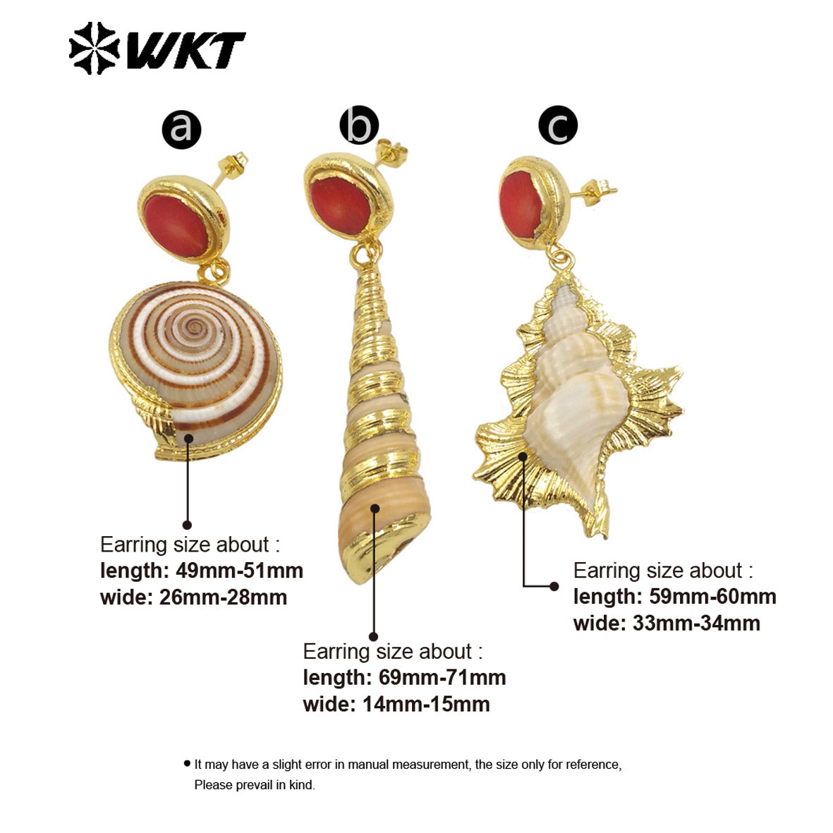 WT-MPE140 New Arrivals Fashion Unique Design 18K Gold Plated Red Coral Shell Trumpet Earrings Jewelry for Women As Special Gift