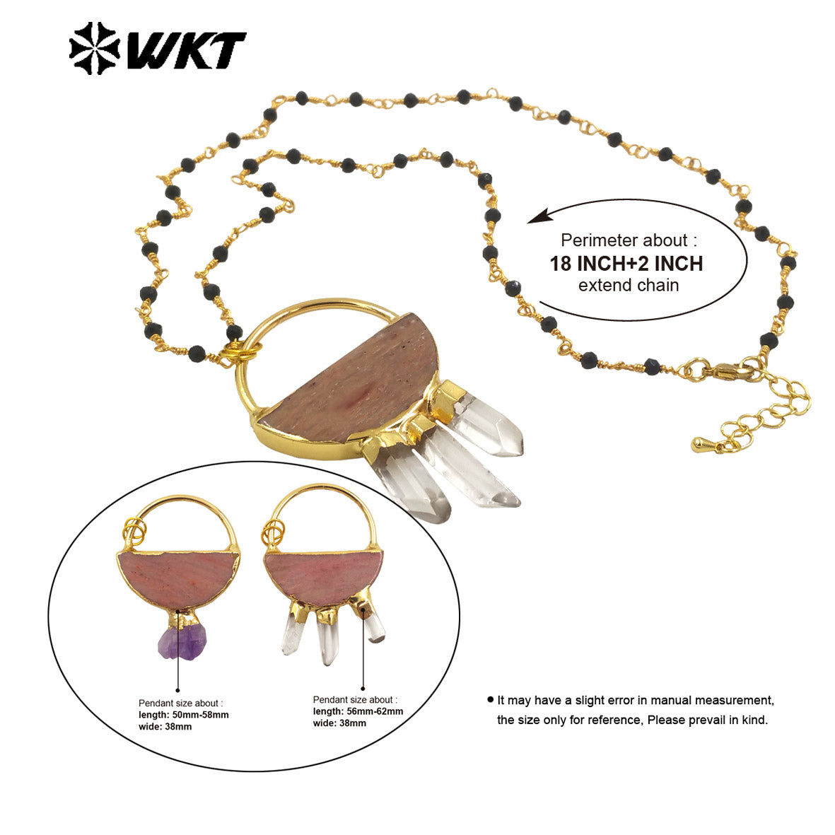 WT-N1470 Amazing New Design Semi Circle Geometric Natural Stone Pendant Necklace With Rosary Black Beads Chain