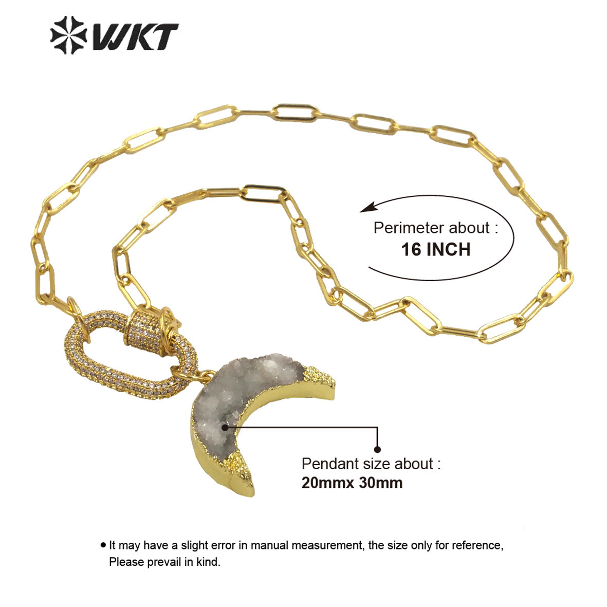 WT-N1302 WKT New Women Natural Druzy Quartz Gold Crescent Horn Pendant Necklace 18K CZ Clasp Connector Stone Crescent Necklace