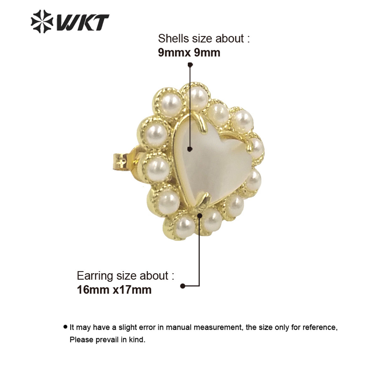 WT-MPE123 Wholesale Gold Plated Artificial Pearl and Natural Abalone Shell Heart Girl Earrings Popular Fashion Boho Studs
