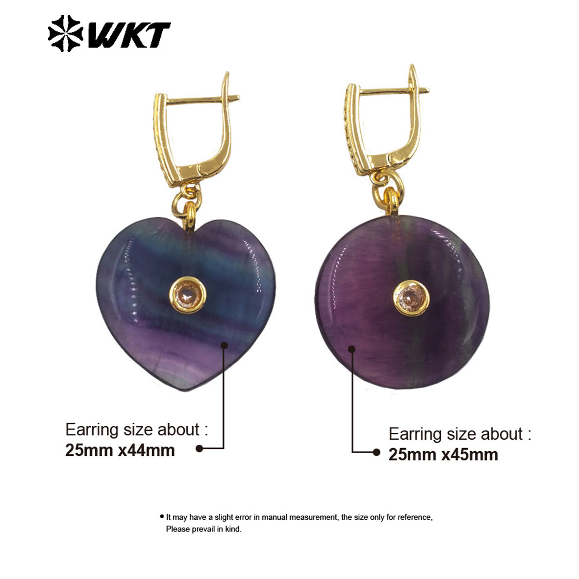 WT-E808 Lovely Gold Plated Natural Rainbow Fluorite Stone Heart Round Shape Earrings For Girlfriend Valentine's Day Gifts