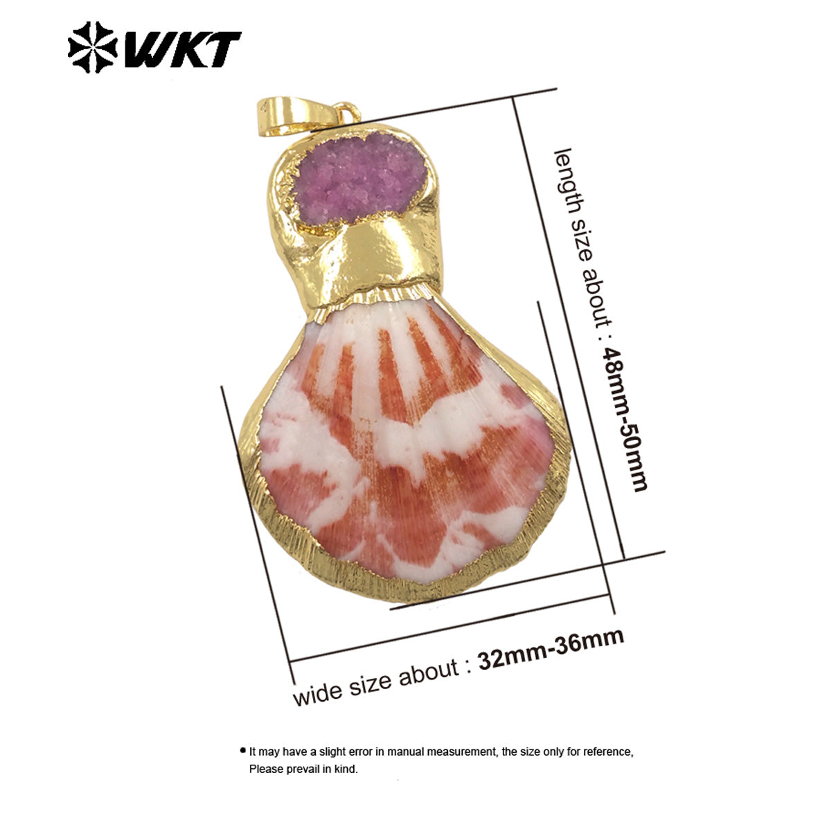WT-JP507 New Arrival Gold Electroplated Natural Scallop Shell And Druzy Quartz Stone Splicing Pendant For Unique Jewelry DIY