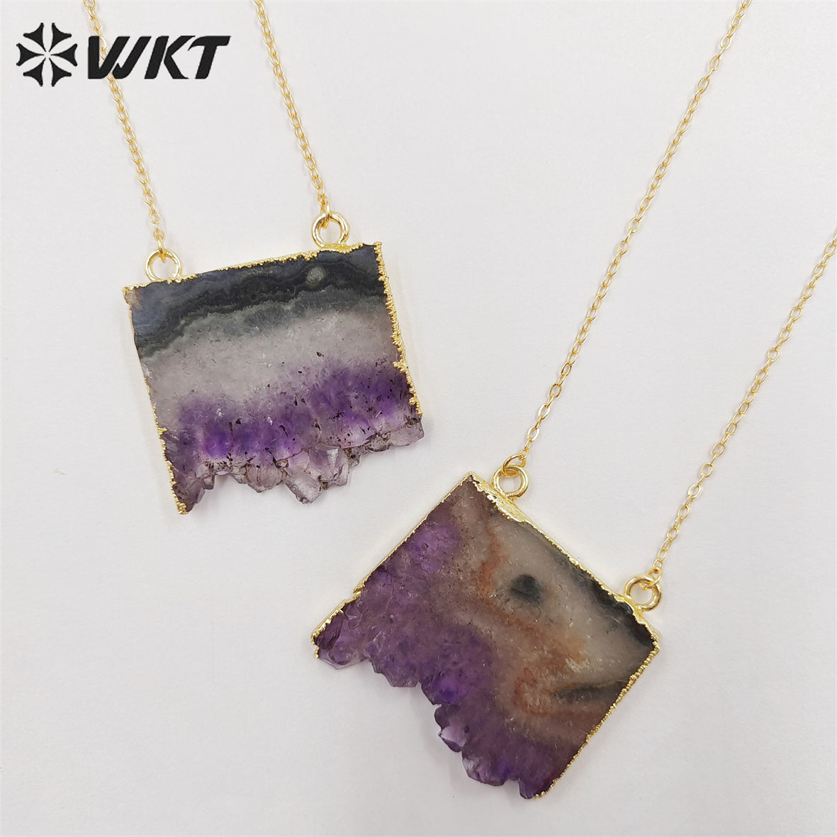 WT-N123 Hot Fashion Gold Slice Amethyst Stone Pendant Necklace High Quality Natural Brazil Druzy Amethyst Stone Necklace