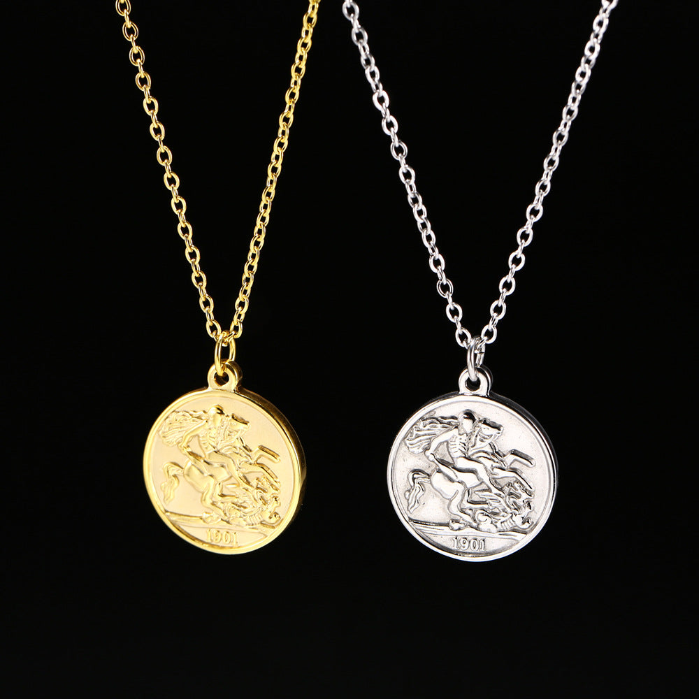 WT-REN014 Women Fashion Gold Plated Metal Round Coin Necklace Charming Elegant Full Gold Elizabeth Necklace