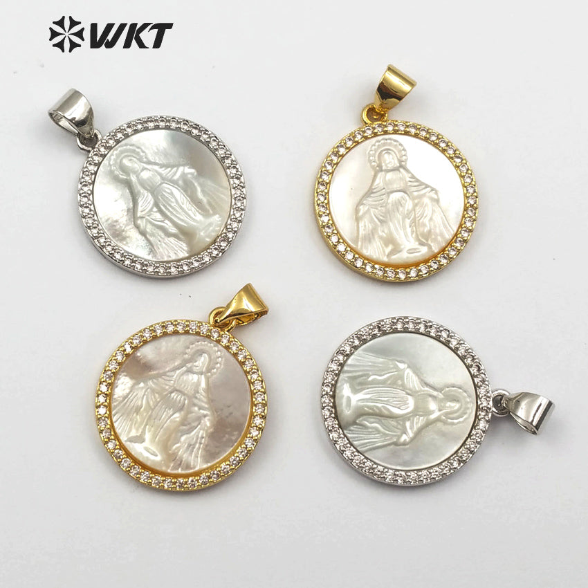 WT-MP113 Religious Blessed Virgin Mary Shell Medal Round Shape Charm Pendant Cubic Zircon Shell Guadalupe Pendant