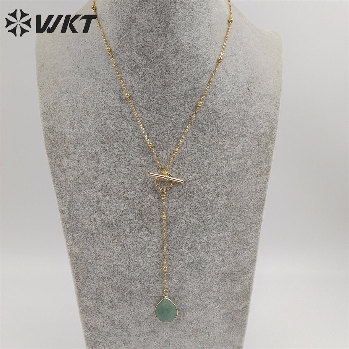 WT-N1386 WKT Newest Fashion Gold Plated Women Lariet Pendant Necklace Gold Beads Chain Themed Stone Necklace