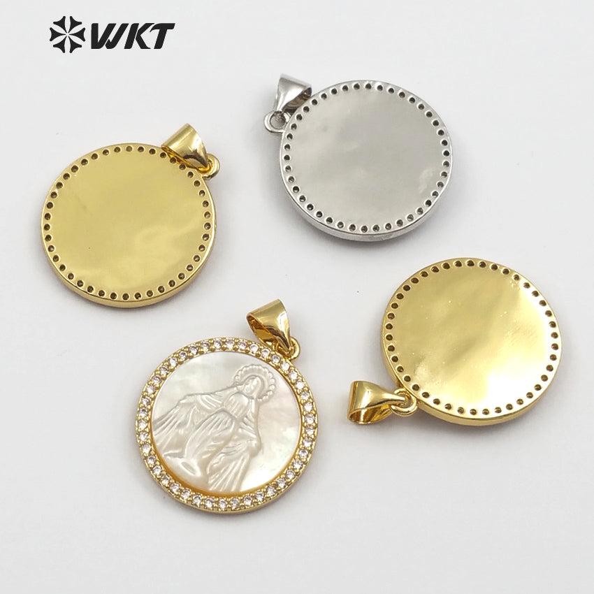WT-MP113 Religious Blessed Virgin Mary Shell Medal Round Shape Charm Pendant Cubic Zircon Shell Guadalupe Pendant