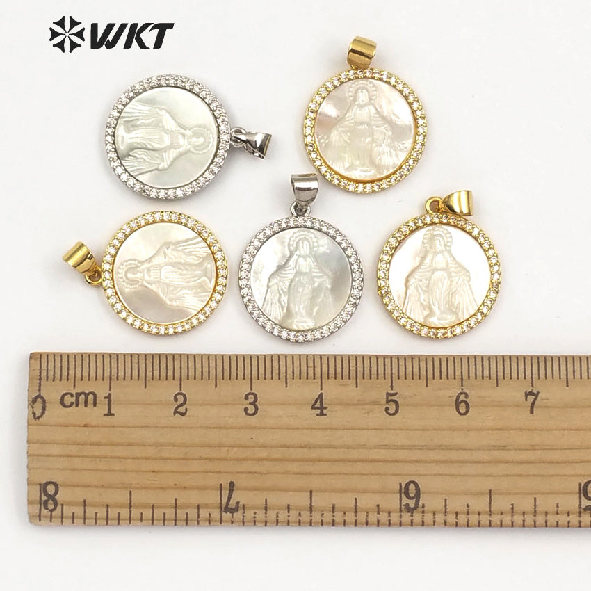 WT-MP113 Religious Blessed Virgin Mary Shell Medal Round Shape Charm Pendant Cubic Zircon Shell Guadalupe Pendant