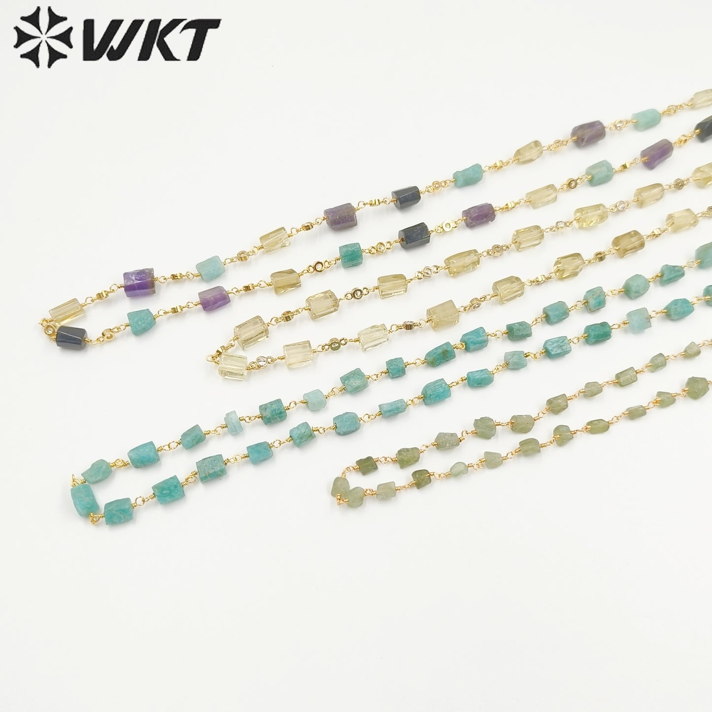WT-N1433 Handmade Natural Stone Beads Chain 18k Yellow Gold Beads Necklace Gemstone Statement Necklace