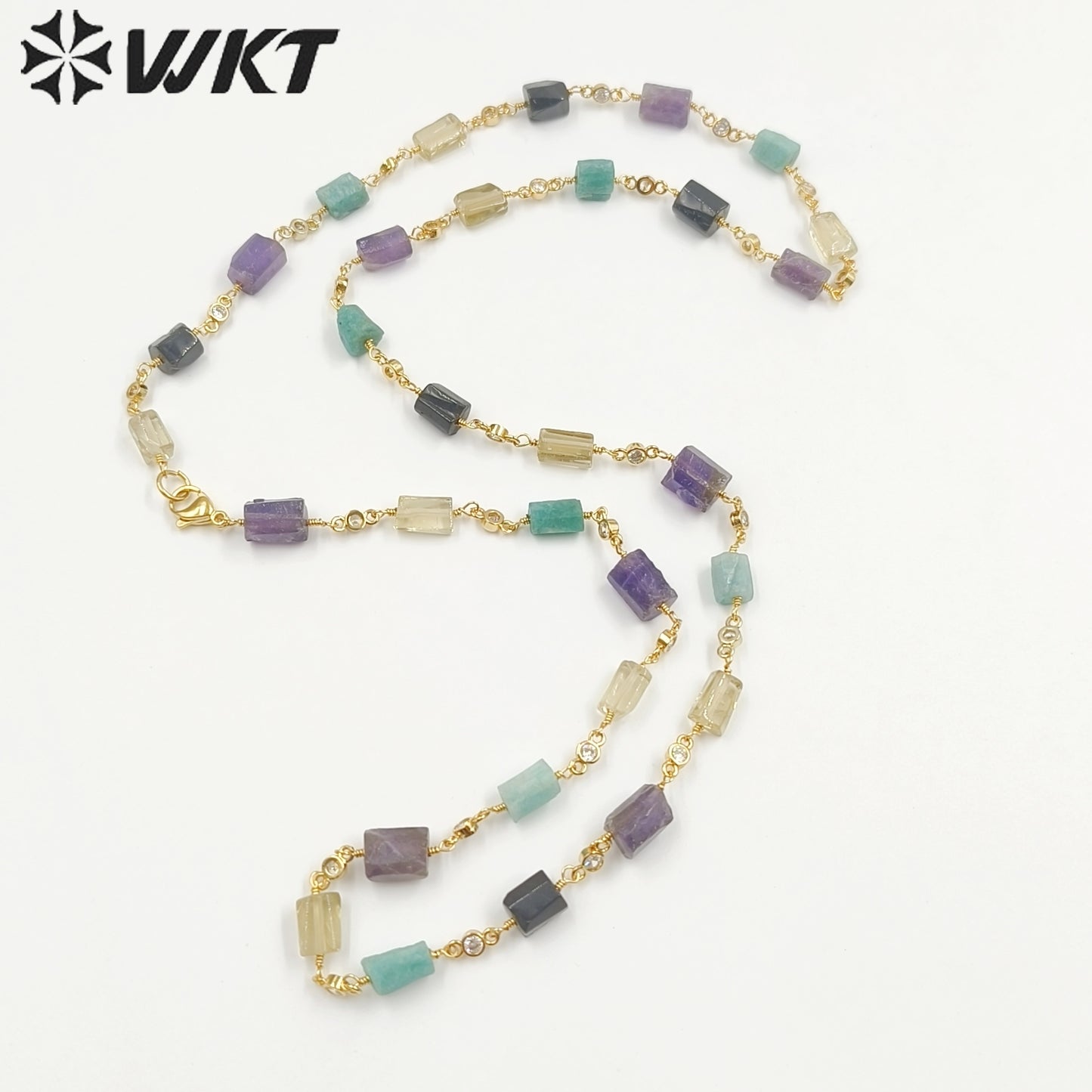 WT-N1433 Handmade Natural Stone Beads Chain 18k Yellow Gold Beads Necklace Gemstone Statement Necklace