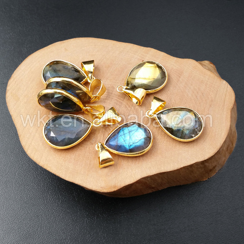 WT-P997 16*22mm Wholesale Natural Teardrop Labradorite Stone Pendant With 18k Real GoldPlated Fashion Faceted Drop Stone Pendant