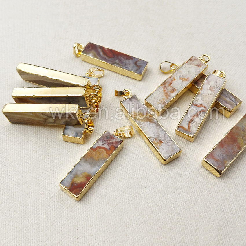 WT-P1042 High Quality Wholesale Size 10*35mm Natural Mexican Agate Rectangle with 18k Real Gold Electroplated Stone Pendant