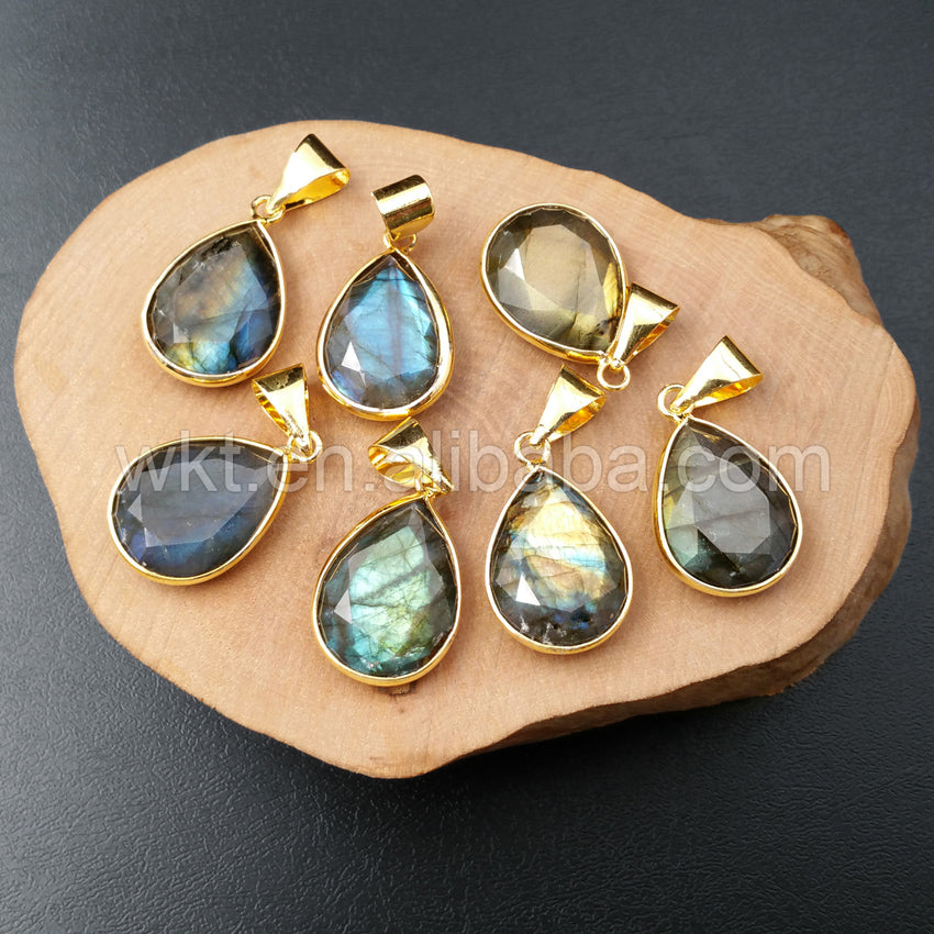 WT-P997 16*22mm Wholesale Natural Teardrop Labradorite Stone Pendant With 18k Real GoldPlated Fashion Faceted Drop Stone Pendant
