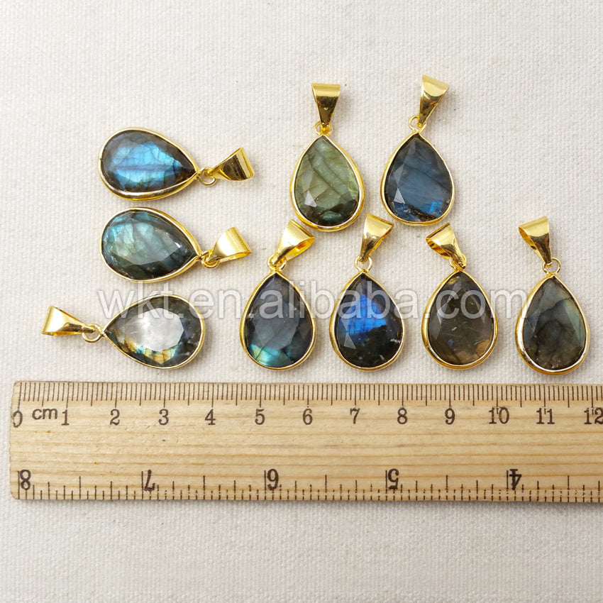 WT-P997 16*22mm Wholesale Natural Teardrop Labradorite Stone Pendant With 18k Real GoldPlated Fashion Faceted Drop Stone Pendant