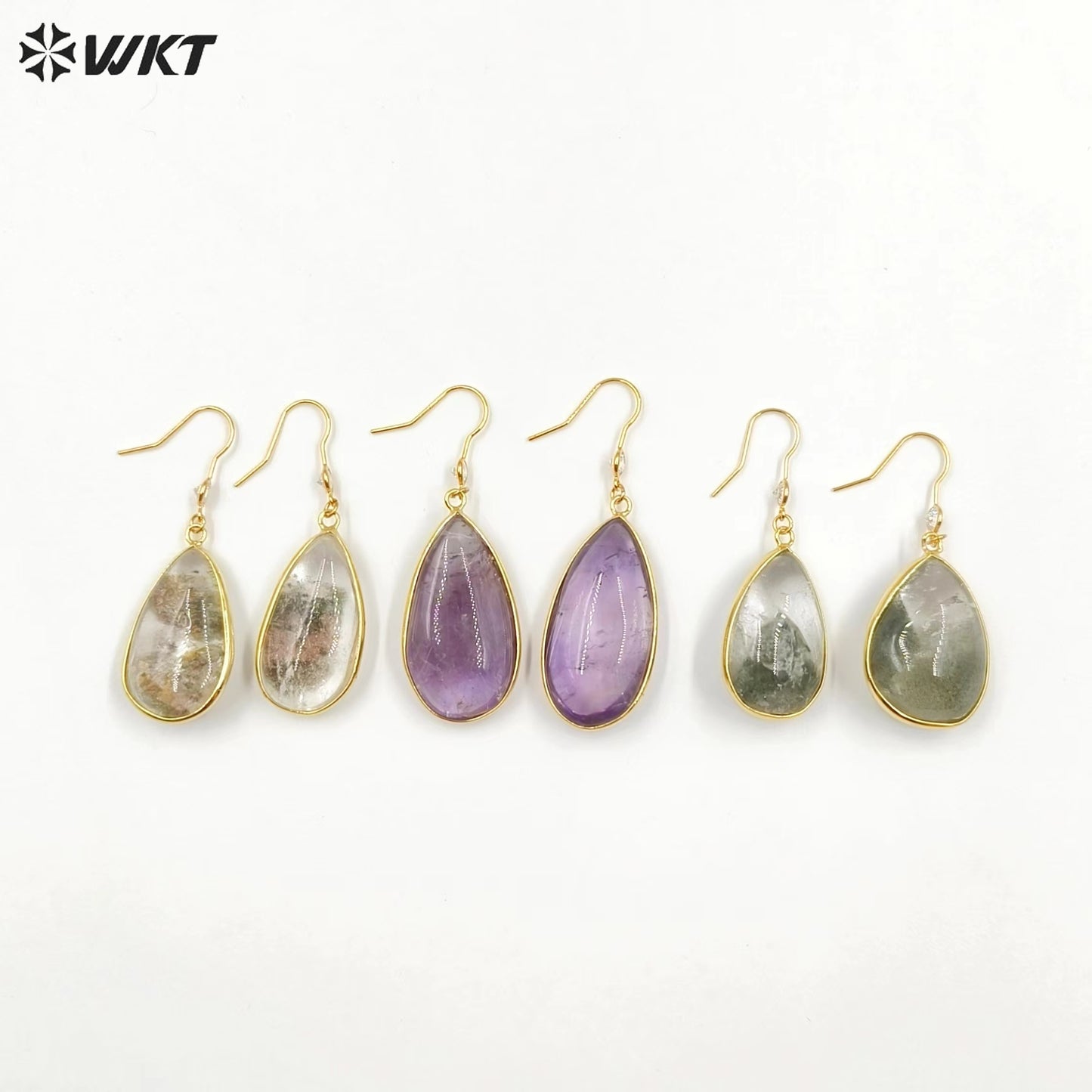 WT-E718 Classical Irregularity Healing Transparency Moss Agate Exquisite Gold Plated Needle Earrings Energy Healing Quartz Hoop