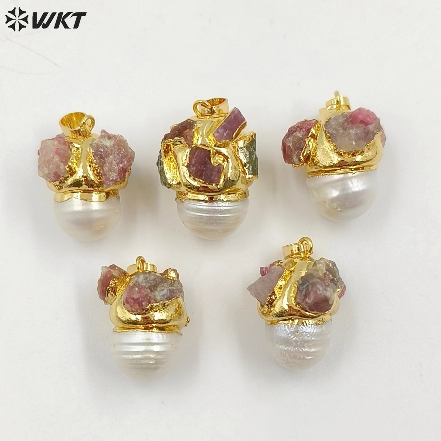 WT-JP377 Newest Fashion 18K Real Gold Plated Natural Baroque Pearl Pendants With Tourmaline Charms on Cap