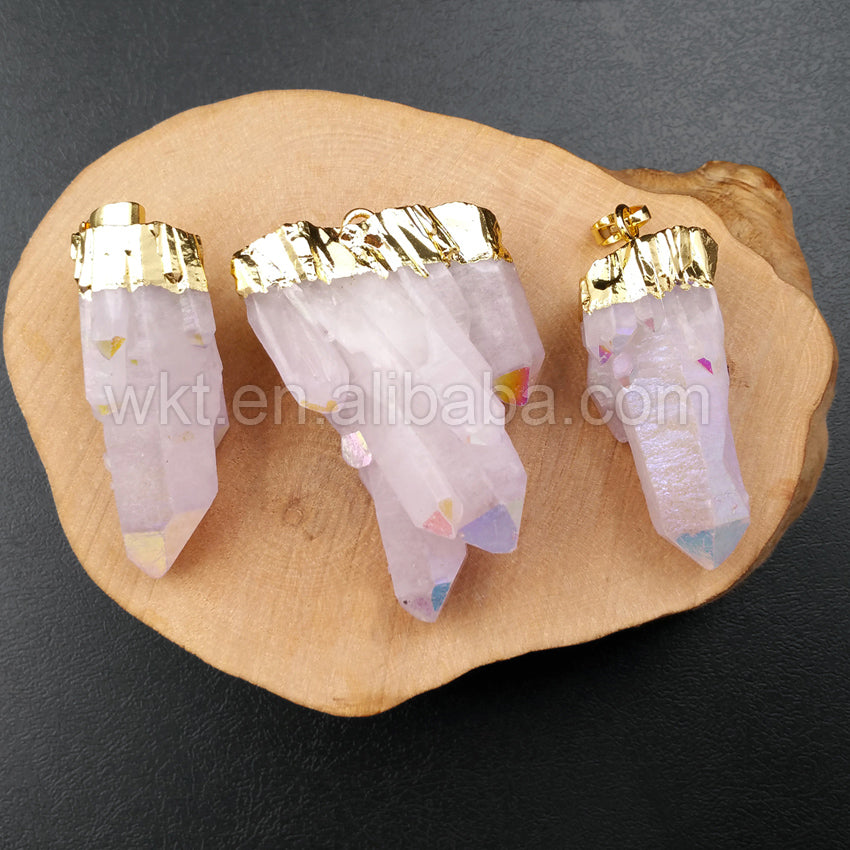 WT-P1070 Newest Fashion Raw Angel Crystal Quartz Point Pendant with AB Color Gold Plated Angel Quartz Pendant