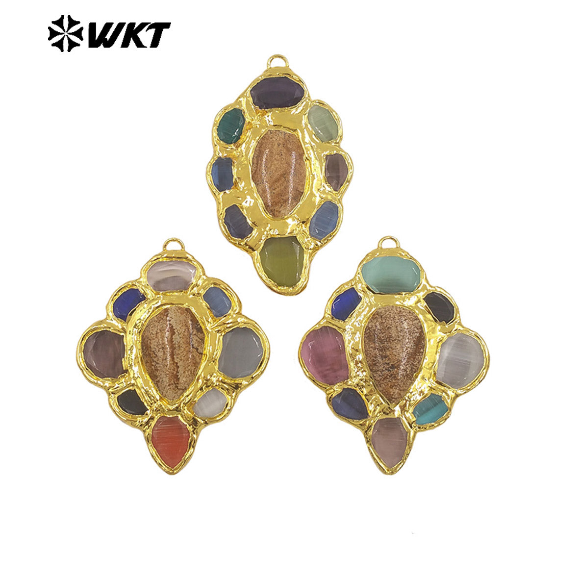 WT-P2008 Amazing Back Full Gold Plated With Multi Colors Natural Gemstones Big Pendant For Fantastic Necklace Jewelry DIY